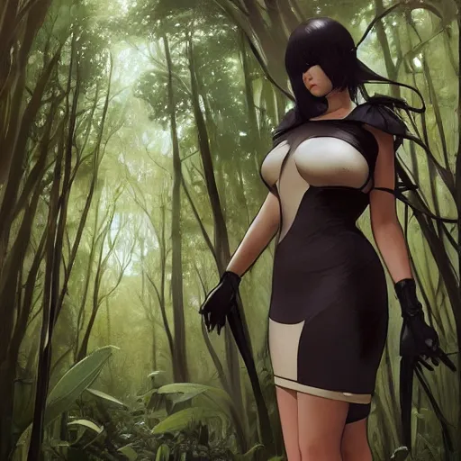 Image similar to full body portrait of 2 b nier automata wearing a skintight dress in a forest, large thighs, perfect face, intricate, elegant, highly detailed, digital painting, artstation, smooth, sharp focus, illustration, art by artgerm and greg rutkowski and alphonse mucha, 8 k