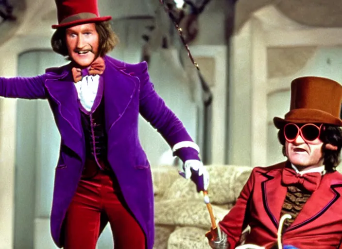 Image similar to film still of Robin Williams as Willy Wonka in Willy Wonka and the Chocolate Factory 1971