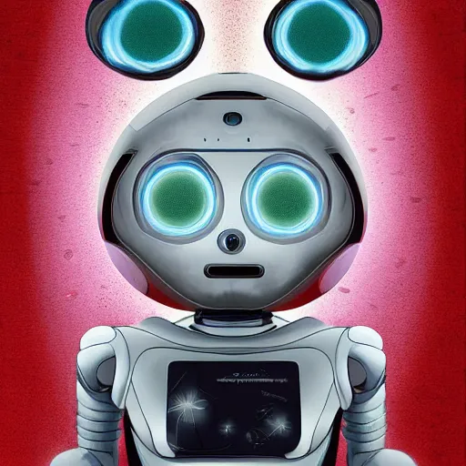 Image similar to robots having a discussion in front of a cat, digital painting