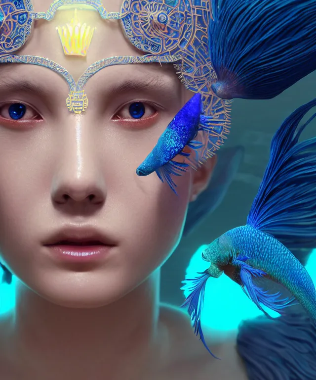 Image similar to symmetrical, centered, close-up portrait of goddess wearing crown made of betta fish, phoenix, bioluminiscent elements, intricate artwork by Tooth Wu and wlop and beeple. octane render, trending on artstation, greg rutkowski very coherent symmetrical artwork. cinematic, hyper realism, high detail, octane render, 8k