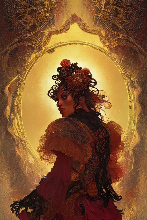 Image similar to tarot card artstation, portrait of a black love dancer, sunrise, baroque ornamnet and rococo ornament, ancient chinese ornate, hyperdetailed, beautiful lighting, craig mullins, mucha, klimt, yoshitaka amano, red and gold and orange color palatte