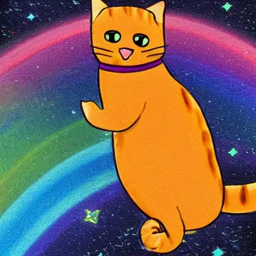 Prompt: cat with a pop tart body flying though space on a rainbow bridge