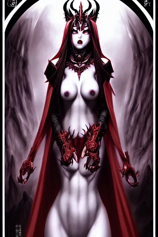 Prompt: one beautiful demon queen woman only, evil grin, manga style only, black white and red colors only, symmetrical face, symmetrical full body, demonic, cinematic, powerful, super detailed and intricate, hyper realistic, 4 k render, by artgerm, by kyoung hwan kim, by ralph mcquarrie, by yoshiyuki tomino