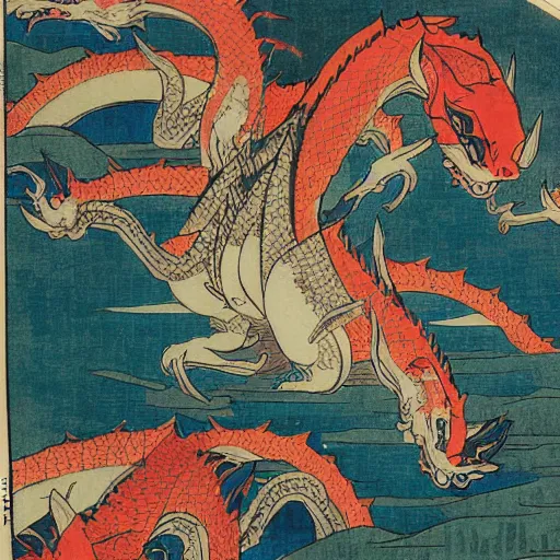 Image similar to A sea of dragons by Utagawa Kuniyoshi, ukiyo-e, nightmare ocean storm