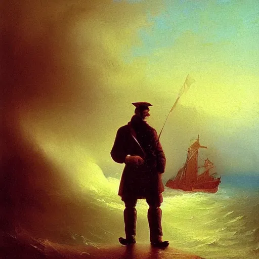 Prompt: man faces nihlism, stylized, Ivan Aivazovsky