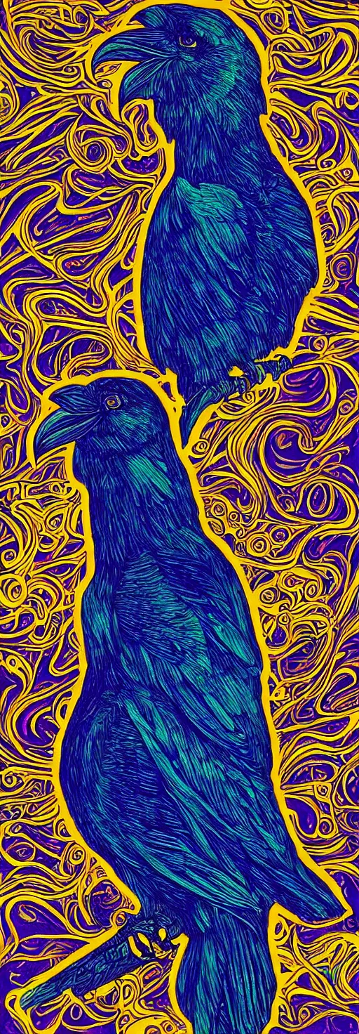 Prompt: psychedelic monochromatic artwork of a raven combined with a deer and an owl that is also a window into the ocean by didier comes