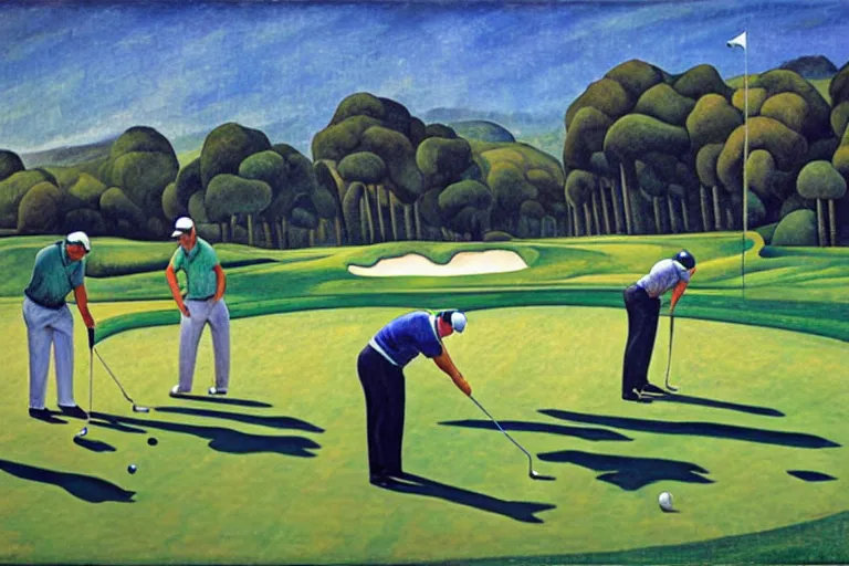 Image similar to Three golfers on a beautiful golf course driving range, by Diego Rivera