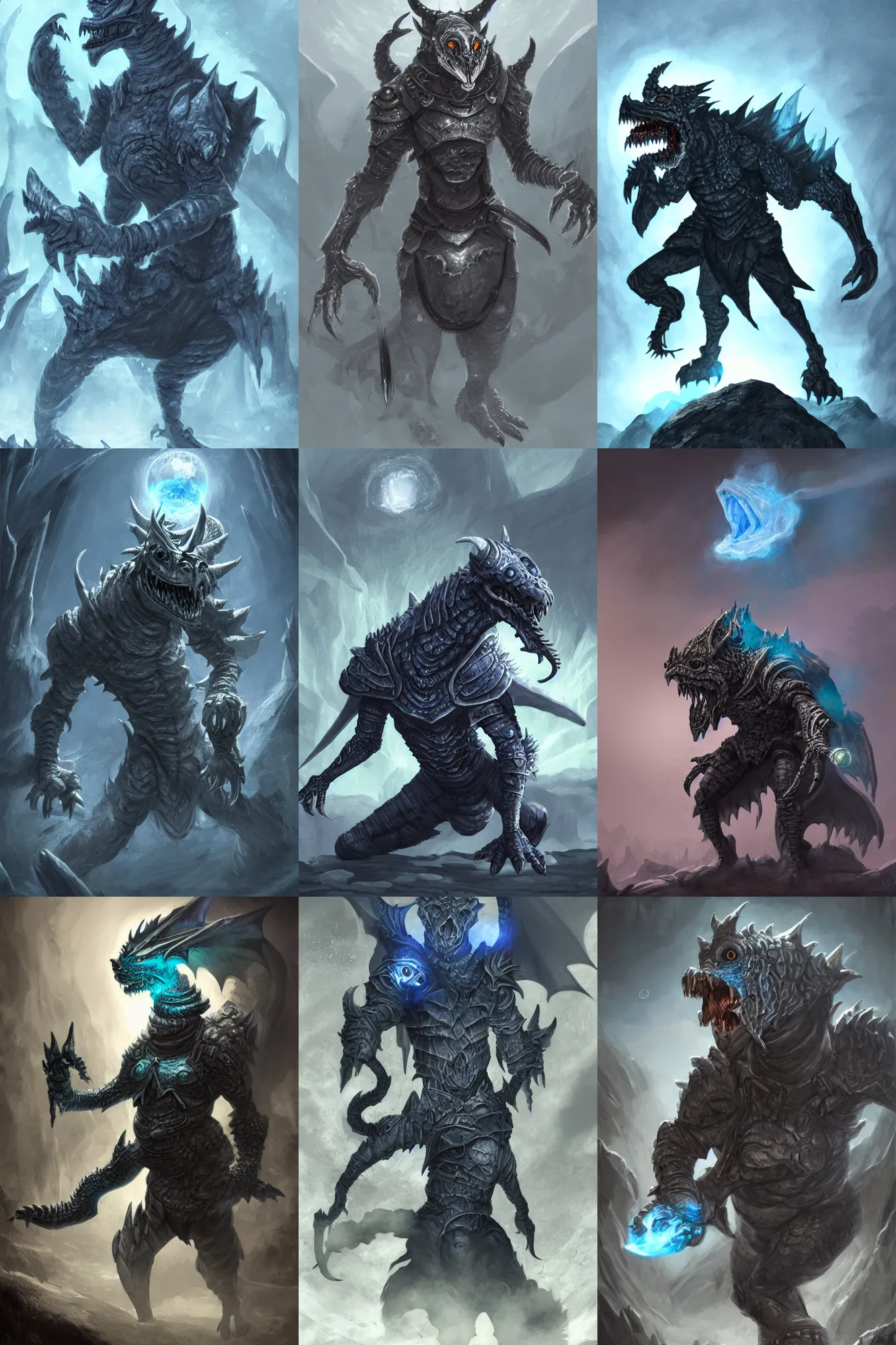 Prompt: snarling d&d dragonborn with silver and blue color scheme standing in a smoking crater, glowing eyes, glowing mouth, highly detailed, full body single character, centered, moonlit night, good value control, high contrast, biomechanical, cinematic, illustration, concept art