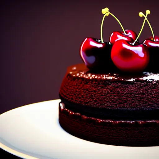 Prompt: chocolate cake with a cherry on top, octane render, unreal engine, high quality, 8 k