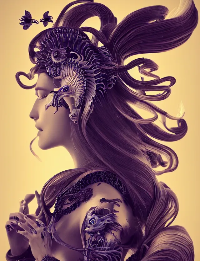 Image similar to 3 d goddess half - turn portrait with long hair with ram skull. beautiful intricately detailed japanese crow kitsune mask and clasical japanese kimono. betta fish, jellyfish phoenix, bio luminescent, plasma, ice, water, wind, creature, artwork by tooth wu and wlop and beeple and greg rutkowski