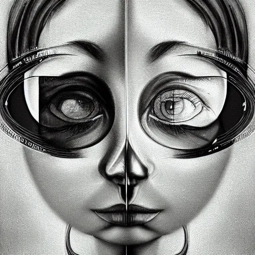 Prompt: The illustration is an abstract portrait of a woman. The woman's face is divided into two halves, one half is black and the other is white. The woman's eyes are large and staring. The illustration is full of energy and movement. clockpunk, macro photo by Vincent Di Fate, by Mark Ryden