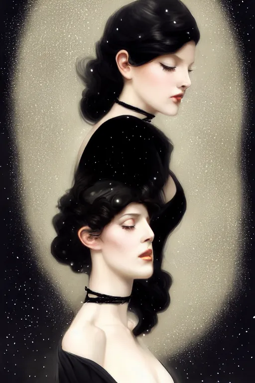 Prompt: Nocturne, glowing, stars, a long-legged elegant sultry woman, long black hair with white tips, pearl choker, highly detailed, mysterious, ethereal, dressed in black velvet, haute couture, illustration, dramatic lighting, soft details, painting, by Edmund Blair Leighton, Brom, Charlie Bowater, trending on artstation, faces by otto schmidt