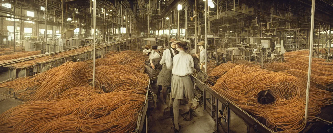 Image similar to spaghetti in a 1 9 2 0's industrial factory, steam, national geographic, detailed, canon 2 0 mm, wes anderson, kodachrome