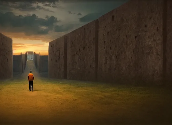 Prompt: a man walking in the middle of two giant walls at sunset, dreamy, matte painting, fancy lighting, complementary colours, high quality, highly detailed, godrays, calm, relaxing, beautiful landscape, serene landscape, low contrast, concept art, trending on DeviantArt