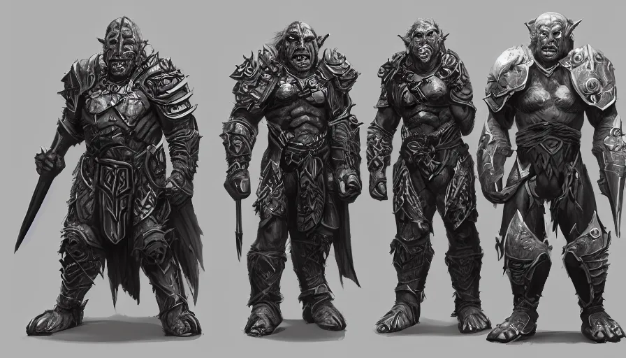 Image similar to three different views of orcs in armour, intricate beautiful concept art by senior character artist, trending on artstation, artstation hd, full body