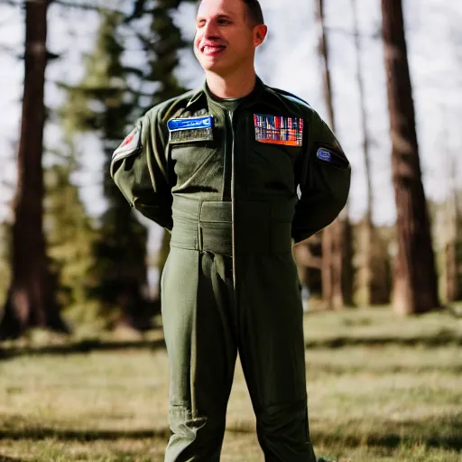 Image similar to a Fox dressed in a modern American military jet pilot uniform, 85mm f/1.4