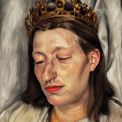 Image similar to high quality high detail painting by lucian freud, hd, beautiful queen portrait, photorealistic lighting