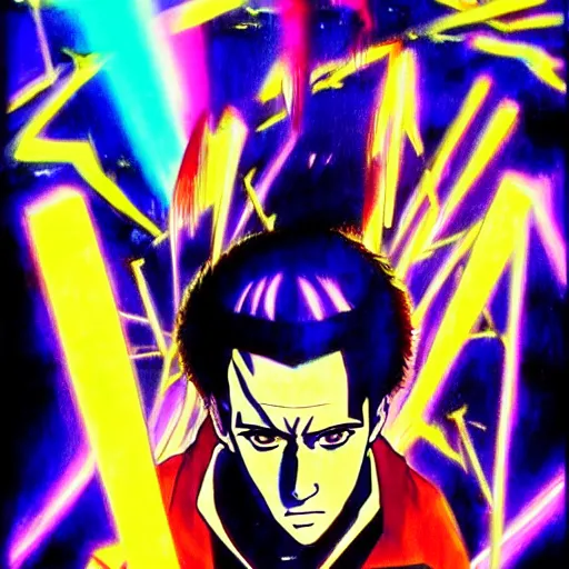 Image similar to beautiful amazing anime portrait painting of nicholas cage in tokyo. neon lights. by hayao miyazaki, katsuhiro otomo, akira toriyama, satoshi kon, eiichiro oda, hideaki anno