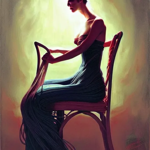 Image similar to a beautiful woman tied to a chair using spaghetti, a woman wrapped in spaghetti, painting by Charlie Bowater and Gerald Brom