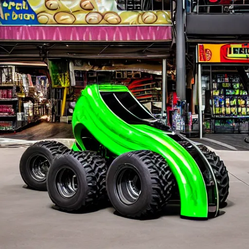 Prompt: a glossy product photograph of a shopping cart with monster truck wheels and large exhaust pipes. subtle green backlighting. wide shot. intricate detail. hyper realistic.