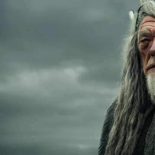 Image similar to distant landscape photo of the evil ian mckellen as gandalf in a dark viking hood playing odin all father from the thor movie crafting a neural network with synapses on am anvil, highly detailed, cinematic shot, cinematic lighting, 8 k, exquisit facial detail