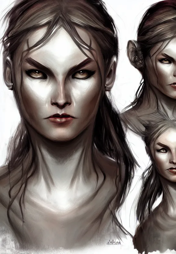 Prompt: dark fantasy female character profile realistic concept art by Julia Helen Jeffrey