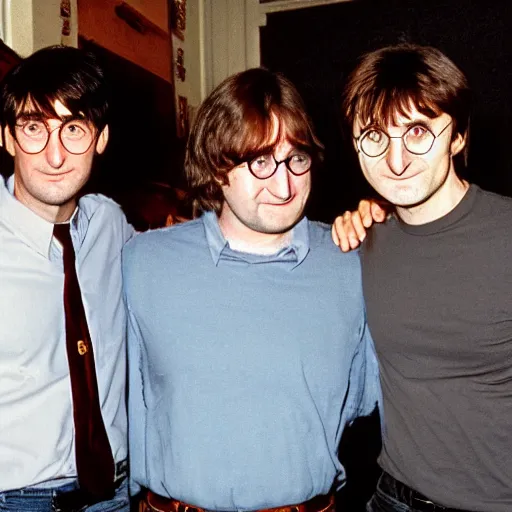 Prompt: steve jobs, harry potter, john lennon, and gabe newell meeting each other, photograph