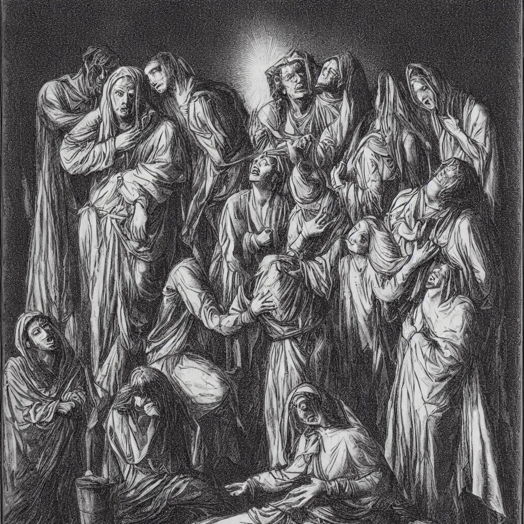 Prompt: a gustav dore etching of 3 maria's crying at the death of christ