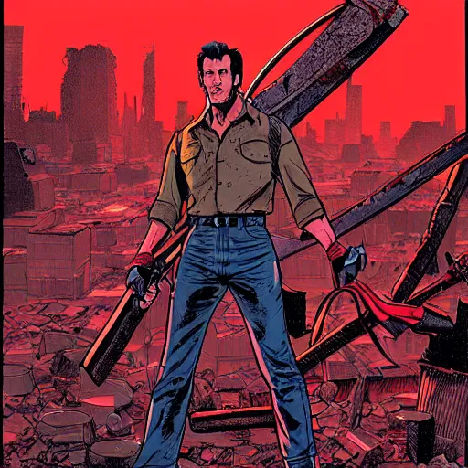 Prompt: ash Williams stands on a pile of deadites, wide angle, background is destroyed Detroit, dramatic lighting, concept art, award winning, illustration by  John Romita Jr.