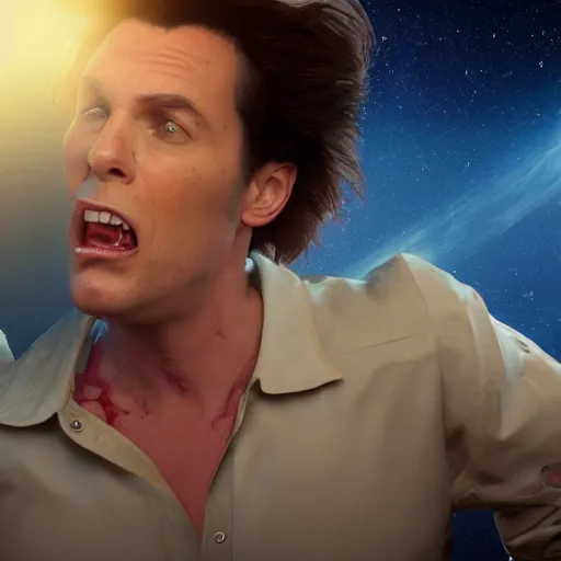 Image similar to hyperrealistic film still of ace ventura pet detective asphyxiating in space, stunning 3 d render, inspired by istvan sandorfi & greg rutkowski & unreal engine, perfect symmetry, dim volumetric cinematic lighting, 8 k octane comprehensive render, extremely hyper - detailed, incredibly lifelike attributes, intricate, real flesh texture, masterpiece, artstation, stunning,