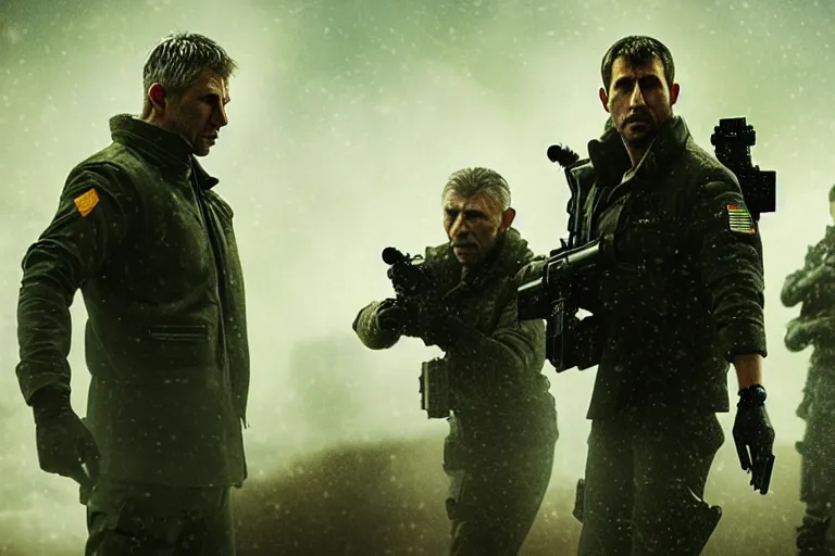 Image similar to vfx film, blade runner 2 0 4 9 futuristic soldiers shoot at enemy robots futuristic war, battlefield war zone, shootout, running, shooting, explosion, battlefront, leaping, flat color profile low - key lighting award winning photography arri alexa cinematography, big crowd, hyper real photorealistic cinematic beautiful, atmospheric cool colorgrade