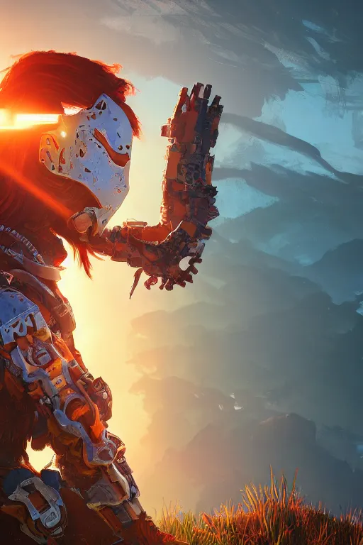 Image similar to combination suit armor aloy horizon forbidden west horizon zero dawn radiating a glowing aura global illumination ray tracing hdr fanart arstation by ian pesty and alena aenami artworks in 4 k tribal robot ninja mask helmet backpack