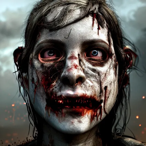 Image similar to post apocalyptic half burned zombie with pig nose, horror, details face, photo, bloody eyes, unreal engine, digital, artstation, detailed body, heavenly atmosphere, digital art, overdetailed art, trending on artstation, cgstudio, the most beautiful image ever created, dramatic, award winning artwork, beautiful scenery