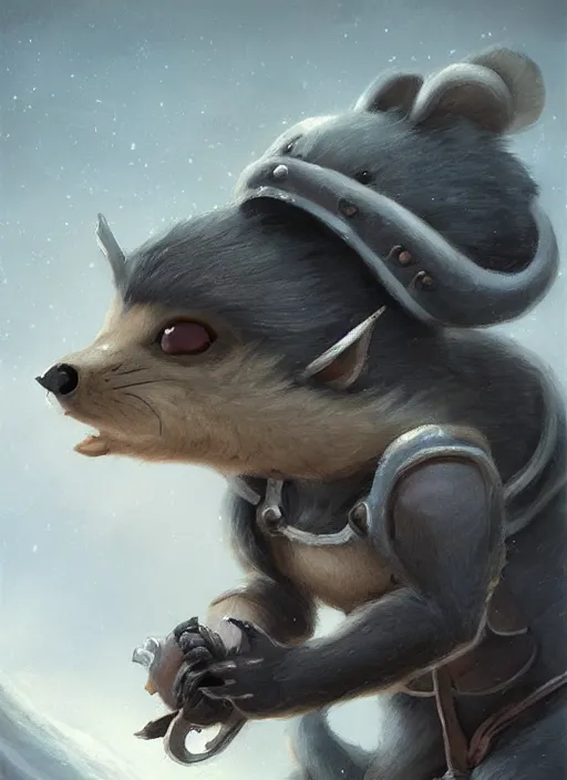 Image similar to cute little anthropomorphic skunk sealer wearing hood of the woodchuckfolk, tiny, small, miniature animal, baby animal, short, pale black armor, cute and adorable, pretty, beautiful, DnD character art portrait, matte fantasy painting, DeviantArt Artstation, by Jason Felix by Steve Argyle by Tyler Jacobson by Peter Mohrbacher, cinematic lighting