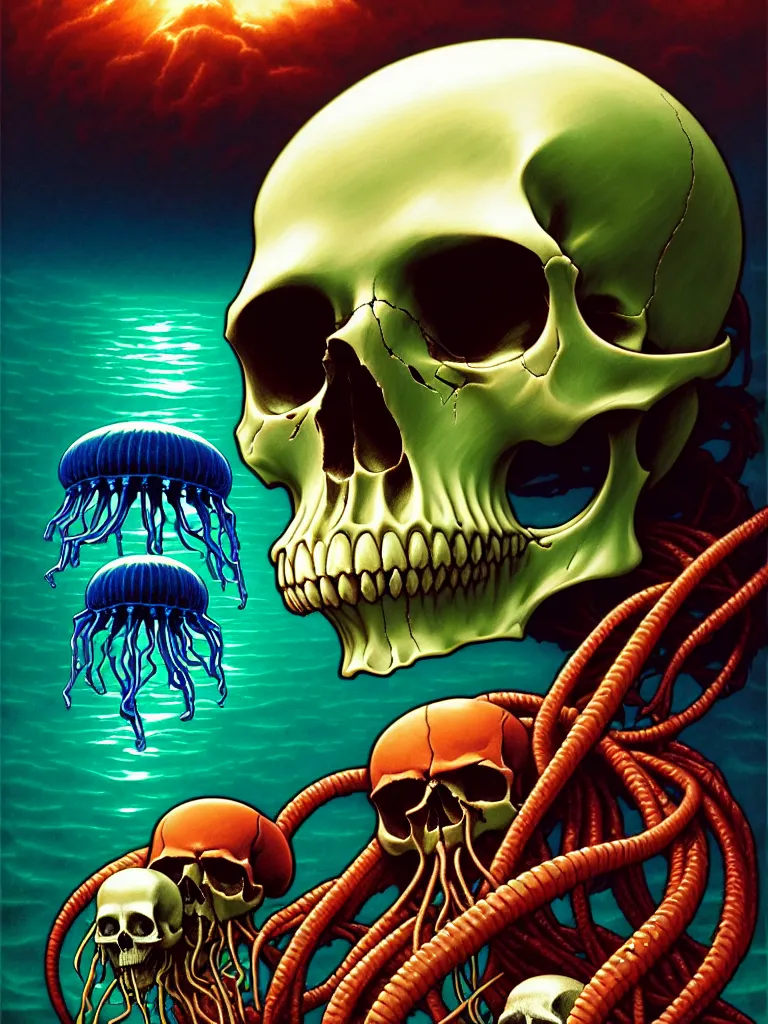 Prompt: a single skull in the sea by dan mumford and greg hildebrandt and donato giancola and raymond swanland and peter driben and william - adolphe bouguereau and roberto ferri, glowing red skull, blue jellyfish, green water, highly detailed, high contrast, intricate details, blended palette