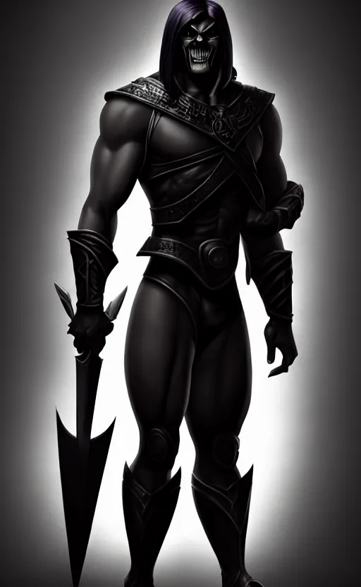 Image similar to Full body centered uncut character pose of mysterious-shadowy-eerie-ominous He-Man with a dark manner, dark grey background, softly backlit, face highlighted with professional lighting, high detailed, atmospheric, cinematic, Epic, 4k, ultra-detailed, ultra-realistic, colored ZBrush render, artwork by Adam Paquette