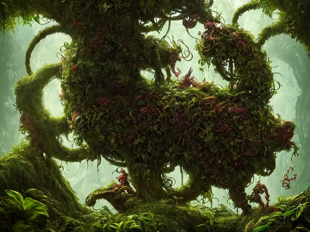 Prompt: metaverse creature in a lush trunda vegetation :: by Michal Karcz, Daniel Merriam, Victo Ngai and Guillermo del toro :: ornate, dynamic, particulate, intricate, elegant, highly detailed, centered, artstation, smooth, sharp focus, octane render, 3d