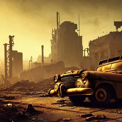 Image similar to fallout 5, ruined city environment, low density urban zone, rusted vintage cars and trucks mysterious atmospheric lighting, matte painting, intricate, iridescent, volumetric lighting, beautiful, rich deep colours masterpiece, fog golden hour, golden ratio, sharp focus, ultra detailed, by leesha hannigan, ross tran, thierry doizon, kai carpenter, ignacio fernandez rios