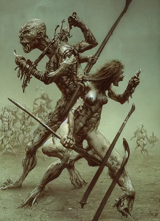 Image similar to bald barbarian girl fights goblins by Beksinski and Luis Royo