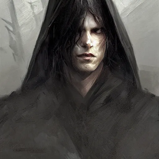 Image similar to portrait of a man by greg rutkowski, sith kinght, he looks like a vampire, long black messy hair, very tall and slender, star wars expanded universe, wearing black robes, he is about 3 0 years old, highly detailed portrait, digital painting, artstation, concept art, smooth, sharp foccus ilustration, artstation hq