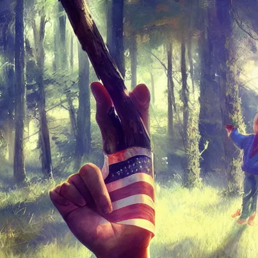 Image similar to child's hand holding a very tiny american flag in the forest, digital art by ruan jia and mandy jurgens and artgerm, highly detailed, trending on artstation, award winning