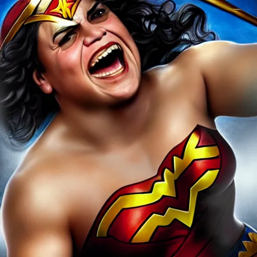 Prompt: danny devito with bald head and wonder woman costume on, digital painting, extremely detailed, 4 k, intricate, brush strokes, mark arian, artgerm, bastien lecouffe - deharme