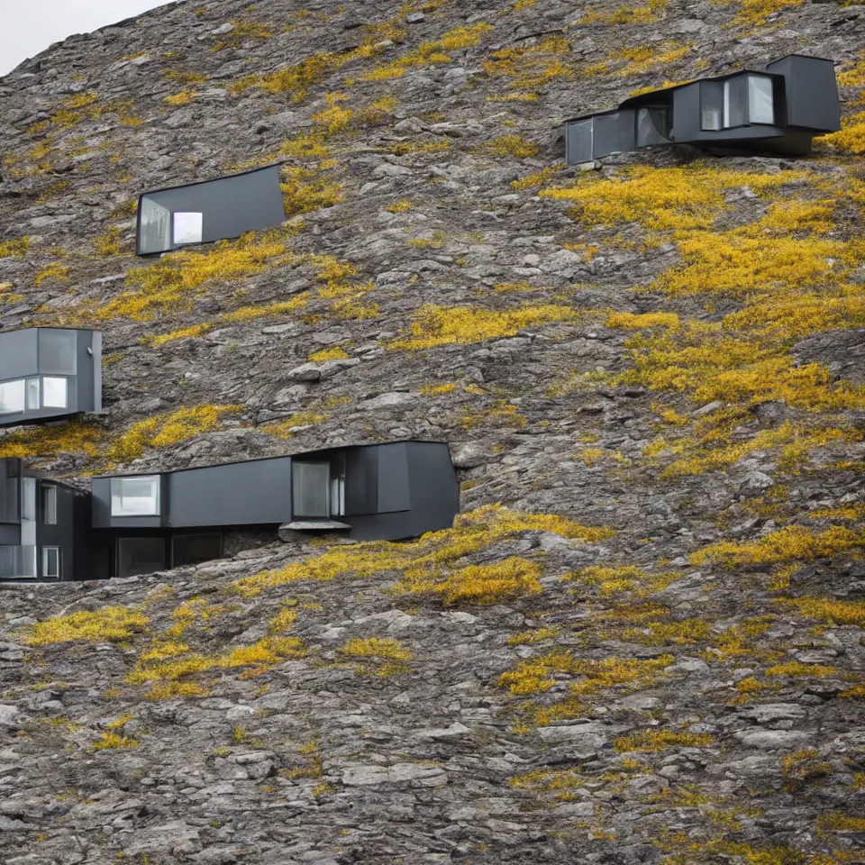 Prompt: a mid-century modern house on top of a cliff in the arctic, designed by Frank Gehry. Big tiles. Small pathway . Film grain, cinematic, yellow hue