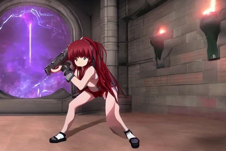 Image similar to an anime girl in a screenshot of the video game doom, the anime girl is crouching