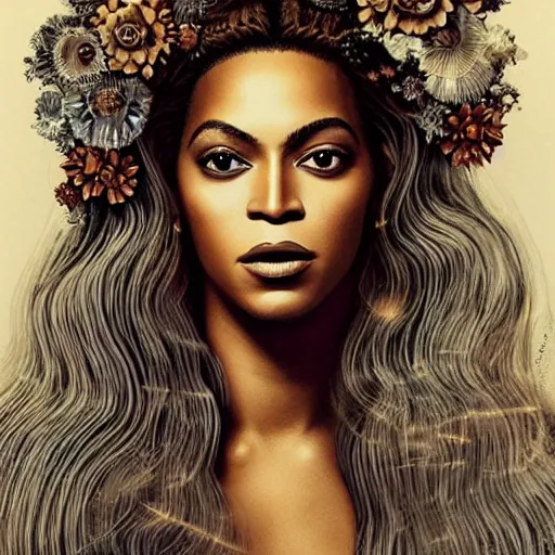 Image similar to portrait of Beyonce as a young pretty woman in flowing dress, arrogant, mysterious, long fine flowing hair, delicate, looking at camera, realistic face, intricate, stylish, elegant, grimdark, flowers, extremely detailed photograph by Martine Johanna and Ernst Haeckel and Greg Rutkowski