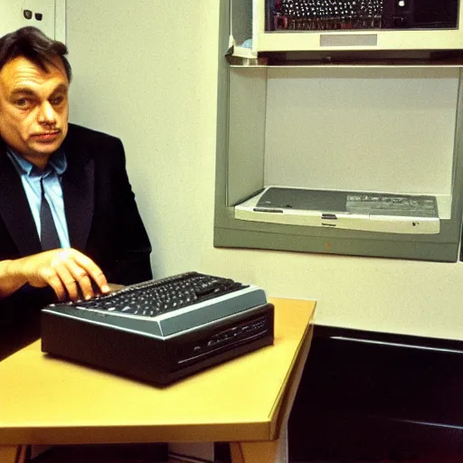 Prompt: viktor orban programming a vintage computer in a cubicle, oil painting