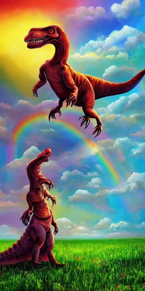 Image similar to oil painting of a dinosaur wearing a wedding dress, rainbow in background, flower field, atmospheric, beautiful, cinematic, detailed, fullbody portrait, 4 k, 8 k