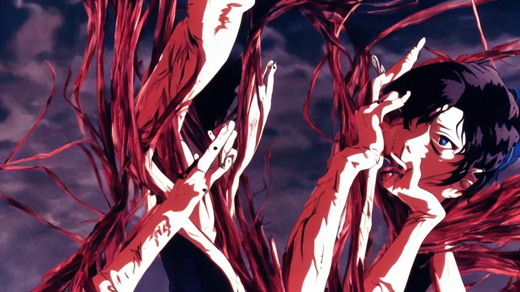 Image similar to french voguing dance horror movie, anime film still from the an anime directed by katsuhiro otomo with art direction by salvador dali, wide lens