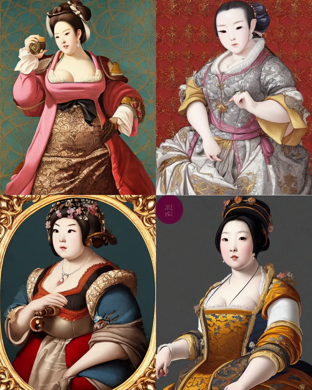 Prompt: Detailed Baroque painting of mei from overwatch as an regal noblewoman, checkered brocade dress, style of giotto and johfra bosschart, intricate, soft lighting, chubby big bosomy physique |