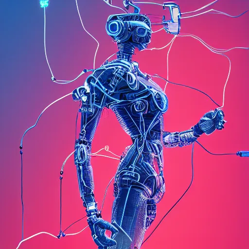 Image similar to a beautiful body of a bot fighter pilot woman mostly made of wires and electronic lightning electrical fire smoke, an ultrafine detailed illustration by james jean, final fantasy, intricate linework, bright colors, behance contest winner, vanitas, angular, altermodern, unreal engine 5 highly rendered, global illumination, radiant light, detailed and intricate environment